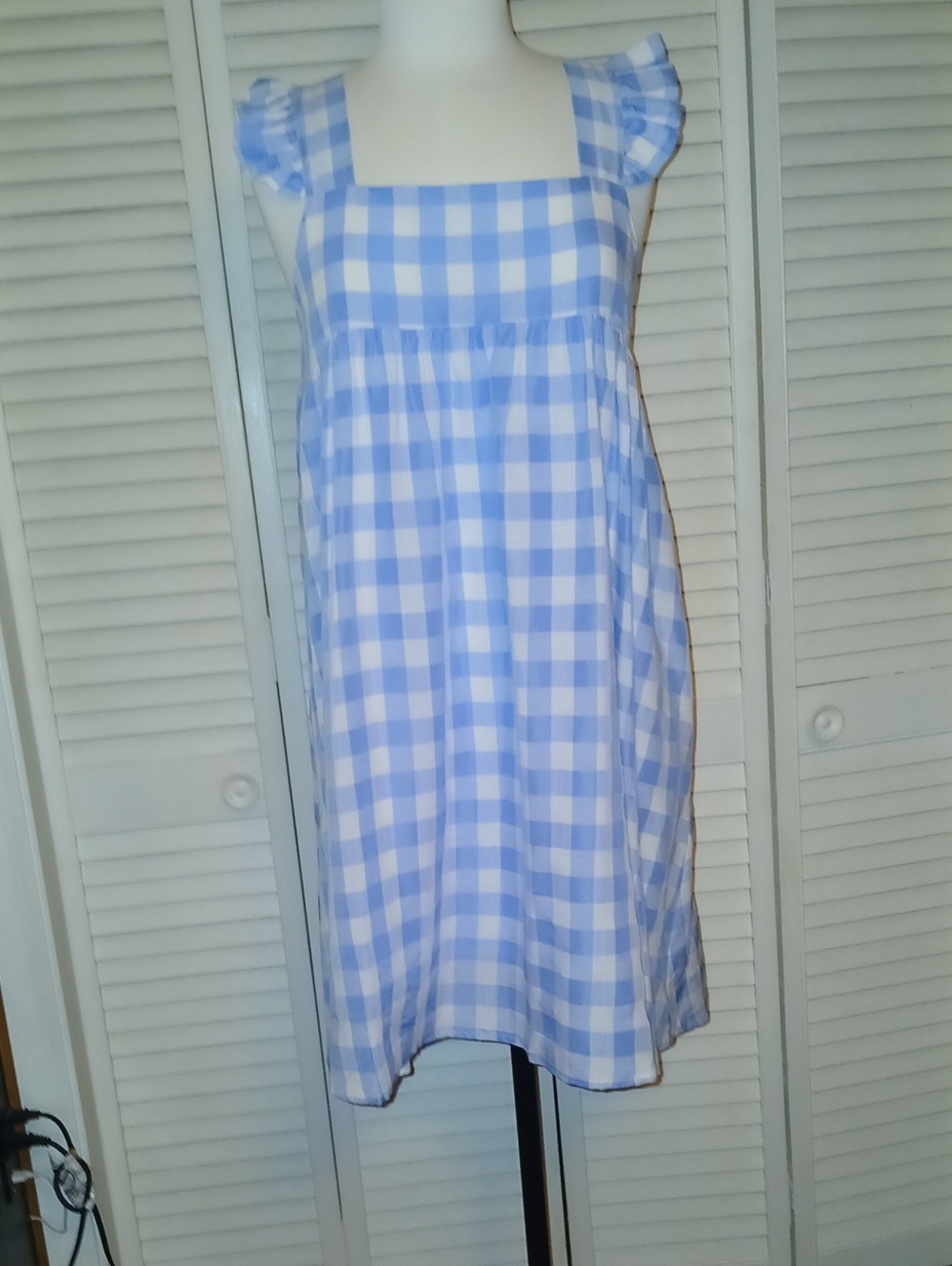 Blue Gingham Square-Neck Mini Dress